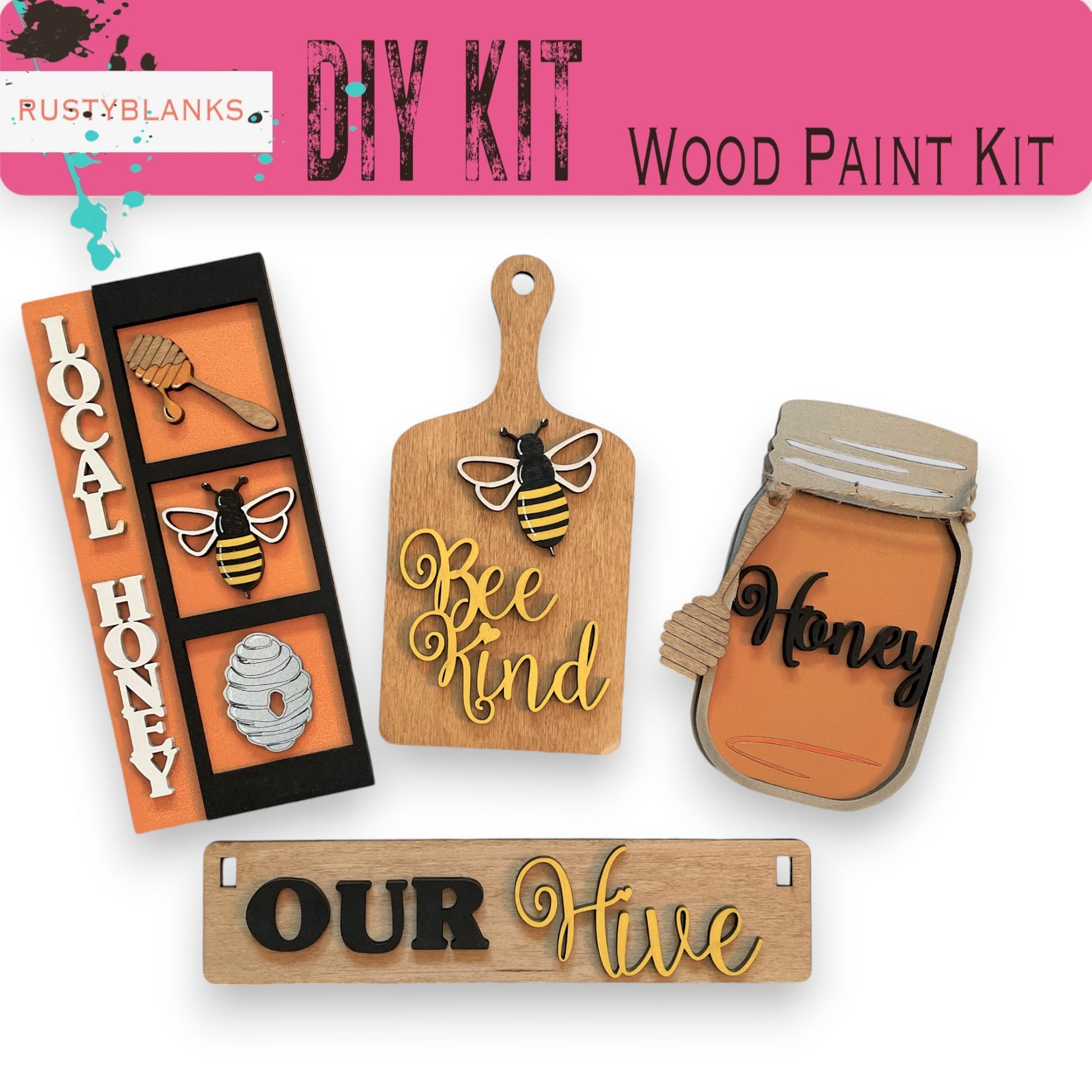 a wooden craft kit with a jar of honey and two tags