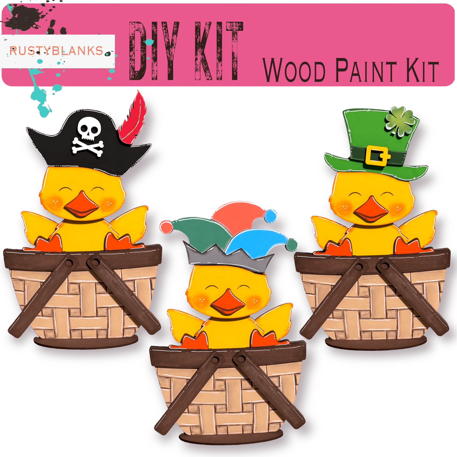 three rubber ducks in a basket with a pirate hat