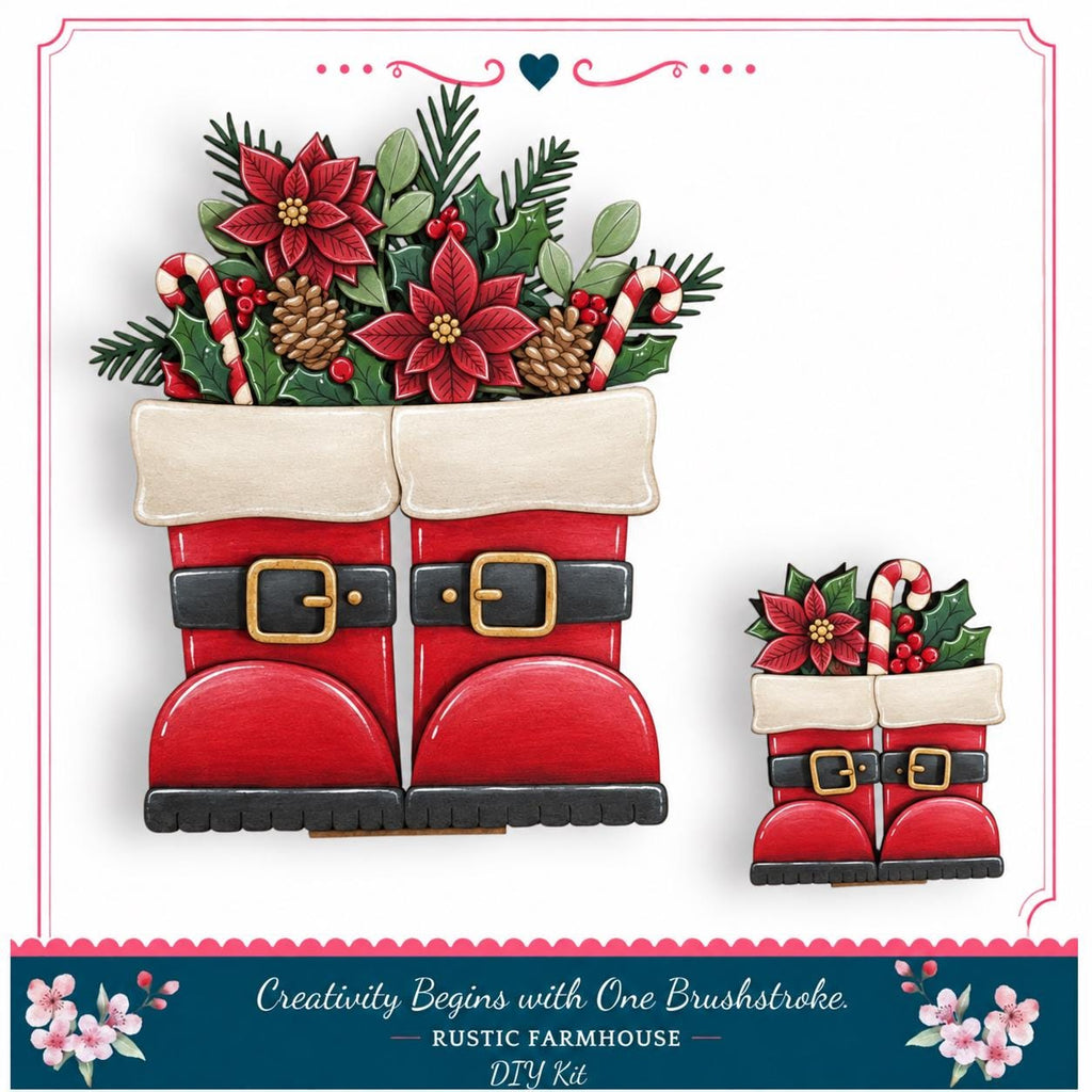 A DIY kit for creating a Christmas-themed decoration, featuring a pair of red Santa boots with a floral arrangement inside.