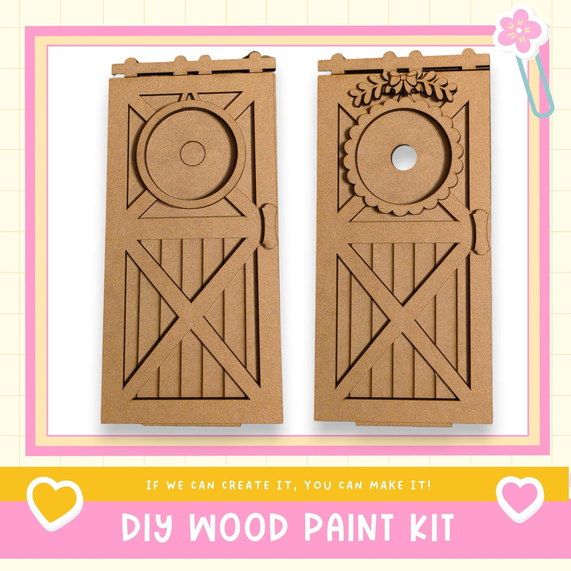 two wooden doors made of cardboard, with decorative elements such as a circular cutout and a floral design. The text below the image reads "DIY WOOD PAINT KIT" and "If we can create it, you can make it!"