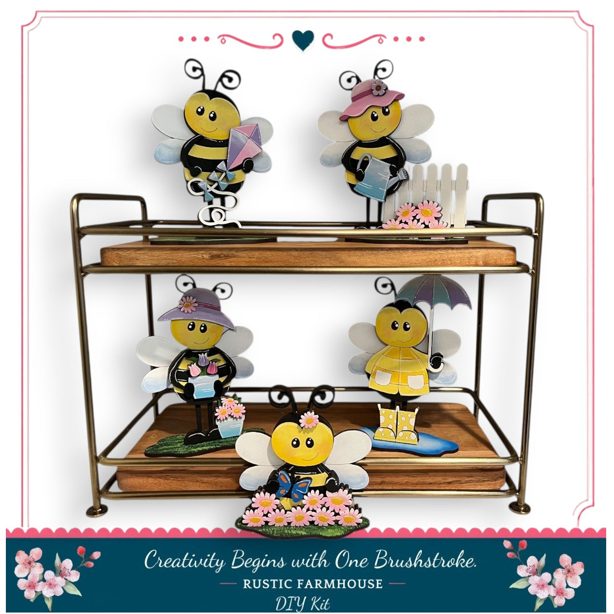 a rustic farmhouse-style DIY kit with a creative theme, including four bee figurines and a wooden tray.