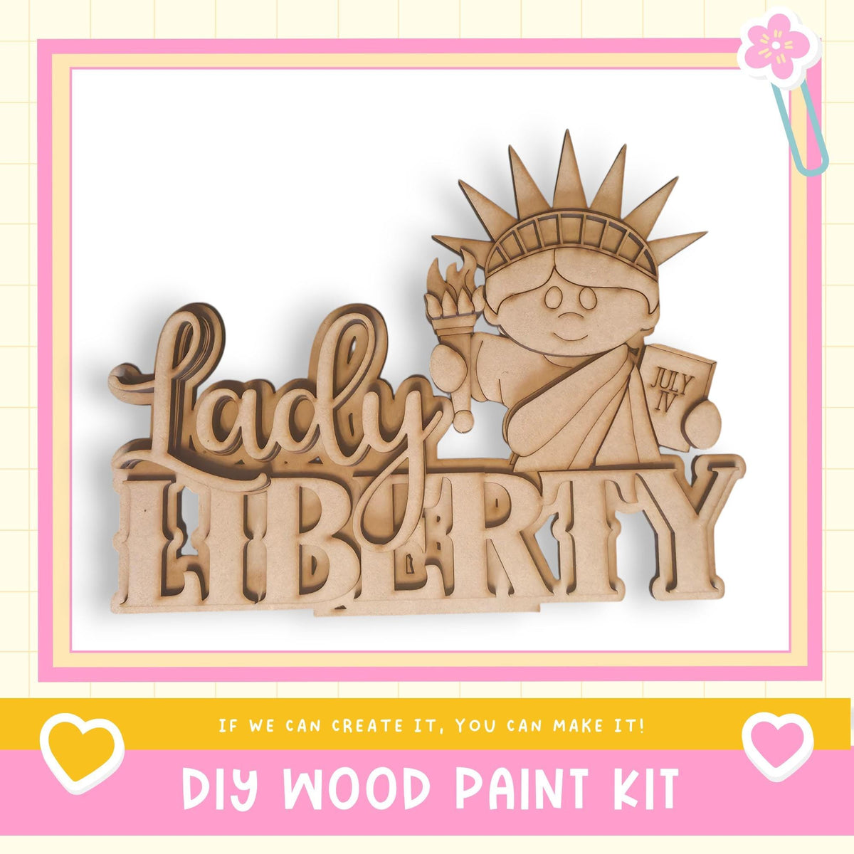 a DIY wood paint kit for creating a wooden sign or decoration with the word "LADY LIBERTY" and a wooden figure of the Statue of Liberty.