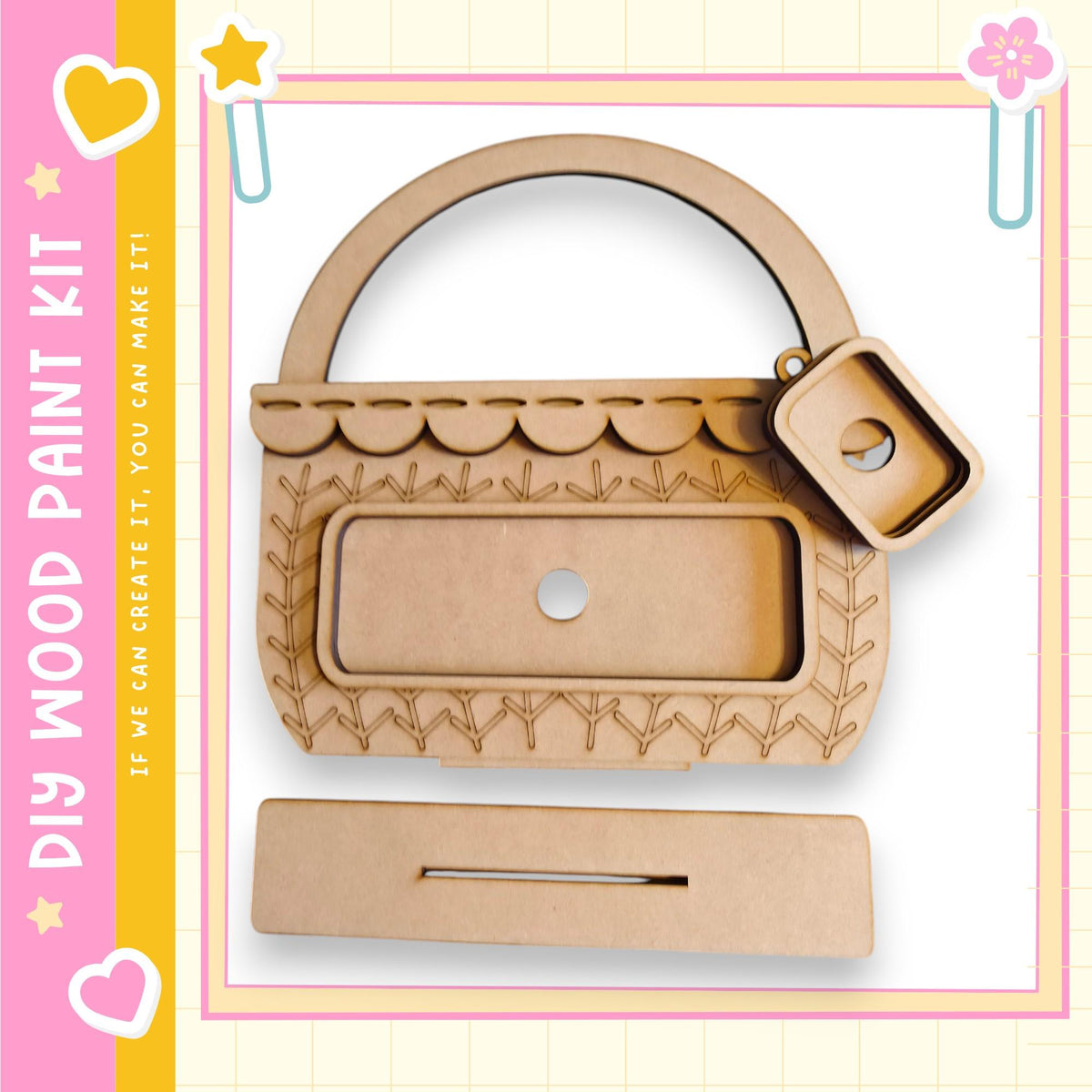 a wooden paint kit, including a handle and a drawer, designed for creating a handbag or purse.