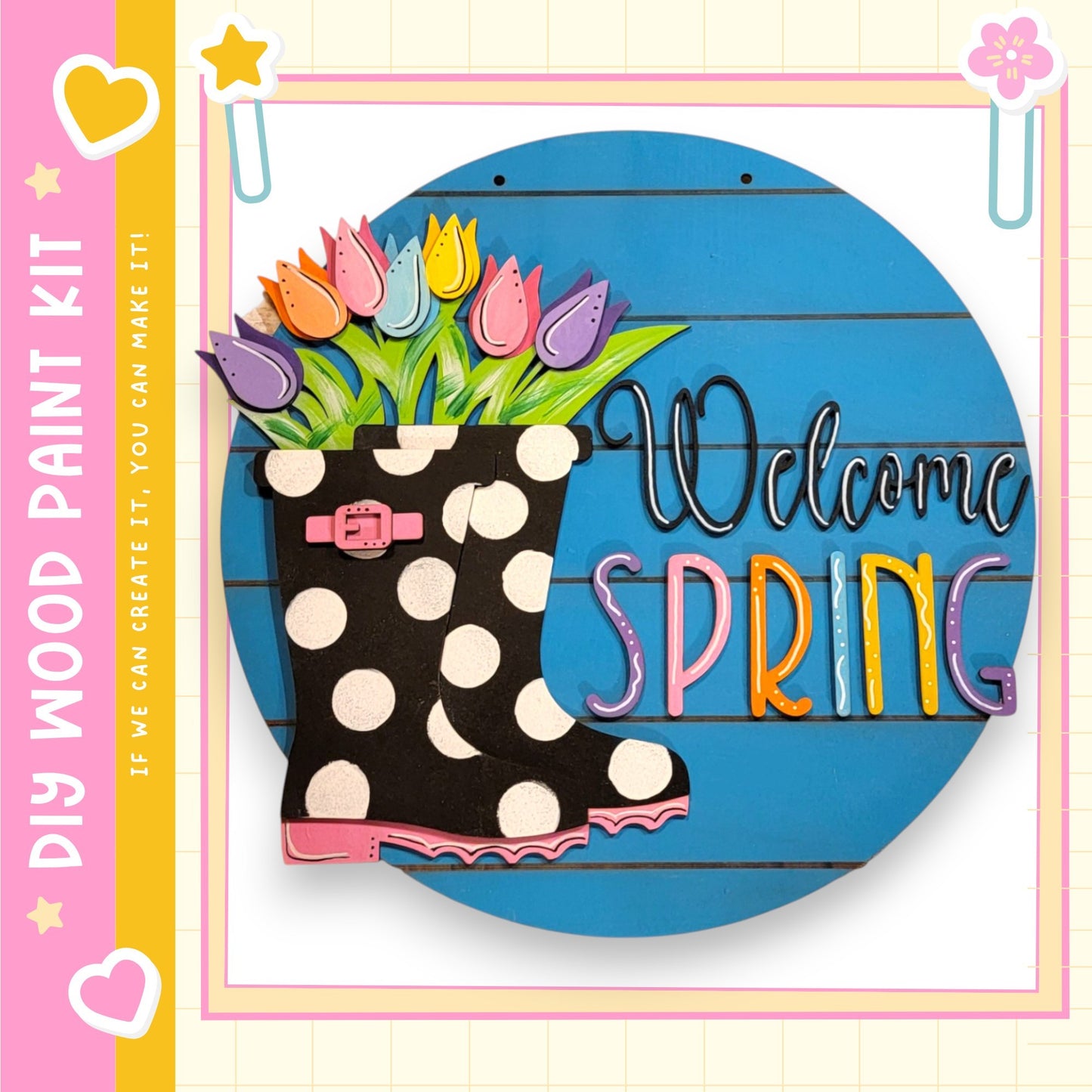 a colorful and whimsical sign that reads "Welcome Spring" with a polka dot boot and a bouquet of flowers as the main decorative elements.
