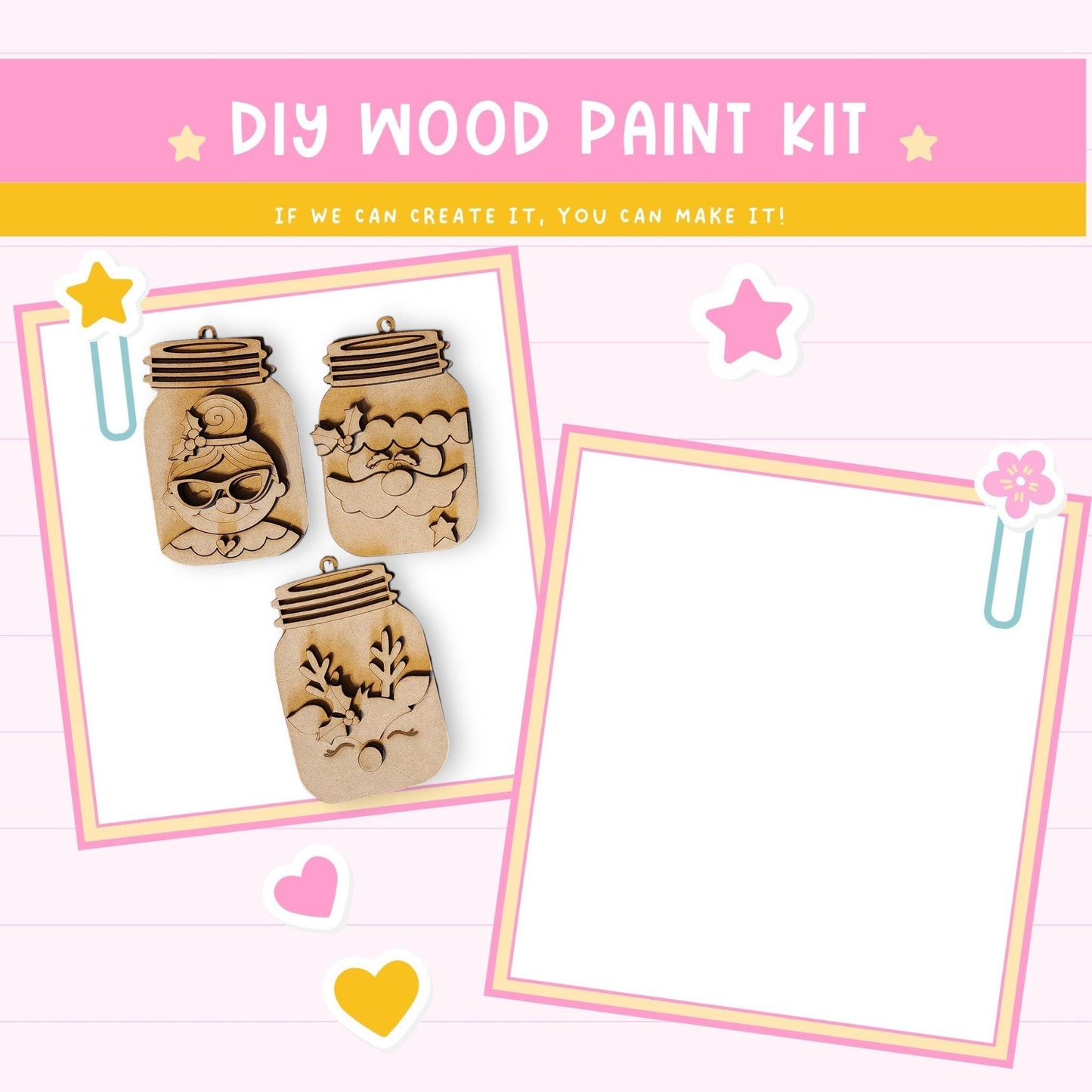 The image is a DIY wood paint kit advertisement featuring wooden mason jars with various designs, such as flowers and leaves, along with a blank white frame and decorative elements like hearts and stars.