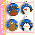 four unique Christmas ornaments, each with a different design and color scheme. The ornaments include a reindeer, a snowman, a gingerbread man, and a penguin. The ornaments are arranged in a square formation, creating a visually appealing display.