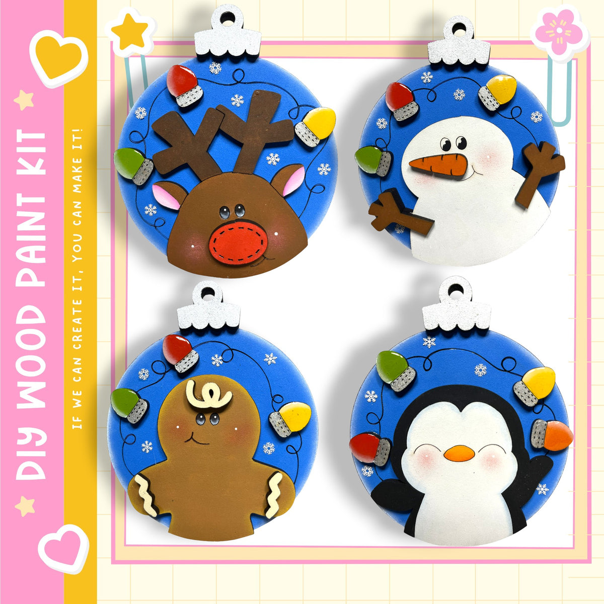 four unique Christmas ornaments, each with a different design and color scheme. The ornaments include a reindeer, a snowman, a gingerbread man, and a penguin. The ornaments are arranged in a square formation, creating a visually appealing display.