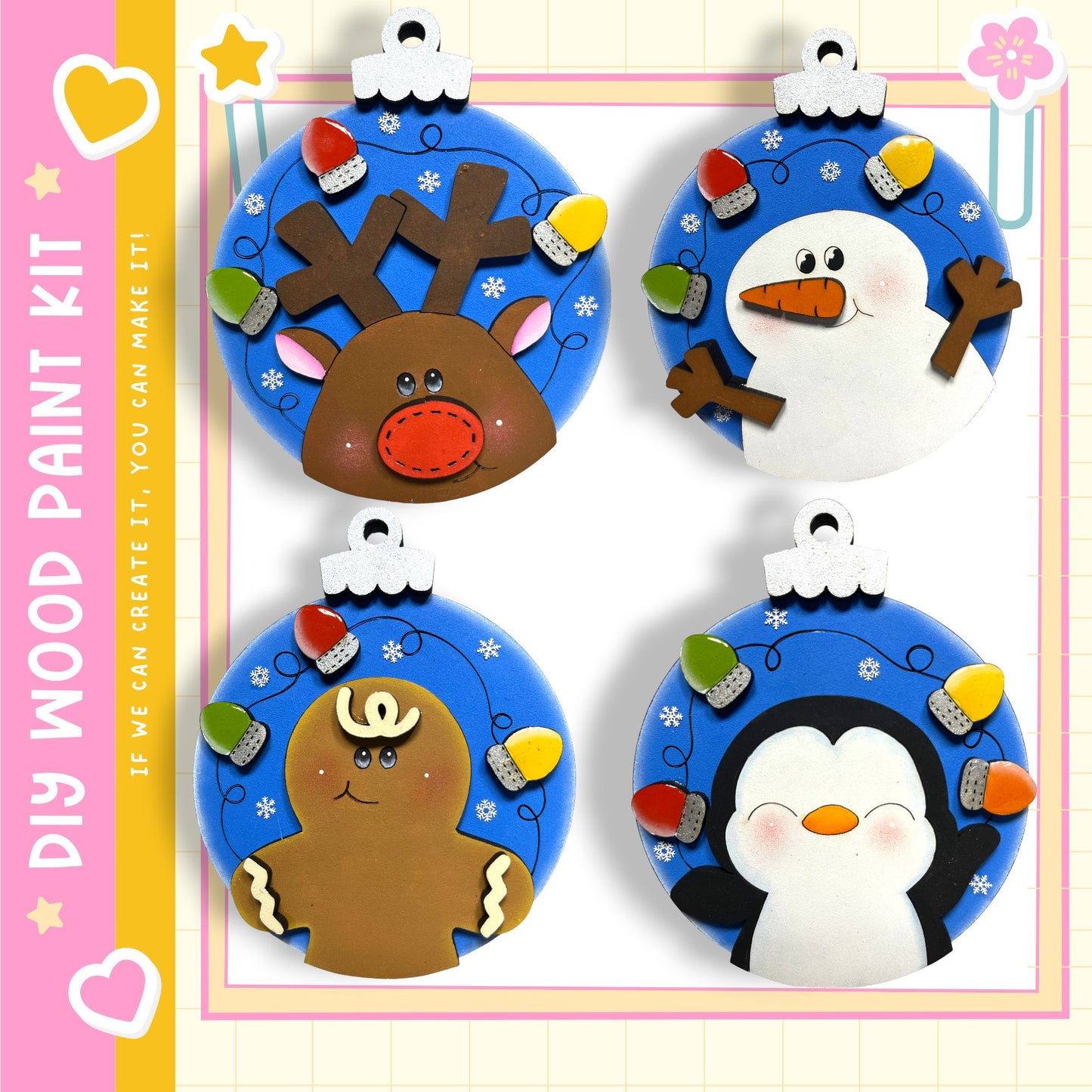 four unique Christmas ornaments, each with a different design and color scheme. The ornaments include a reindeer, a snowman, a gingerbread man, and a penguin. The ornaments are arranged in a square formation, creating a visually appealing display.