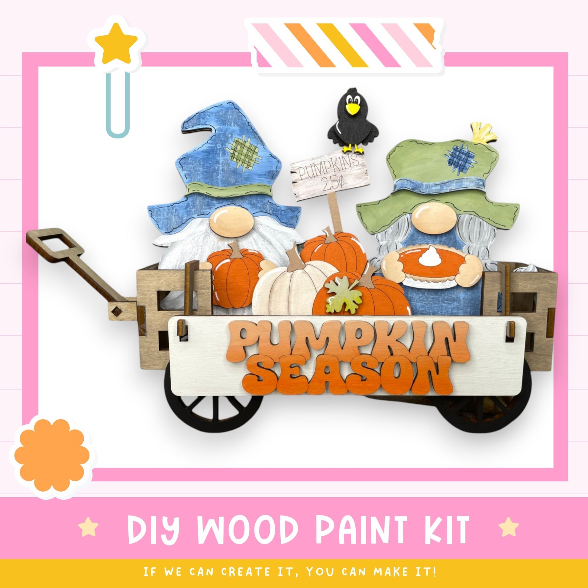 a DIY wood paint kit for creating a pumpkin season decoration, with two gnomes in a wagon holding pumpkins and a sign that says "Pumpkin Season".