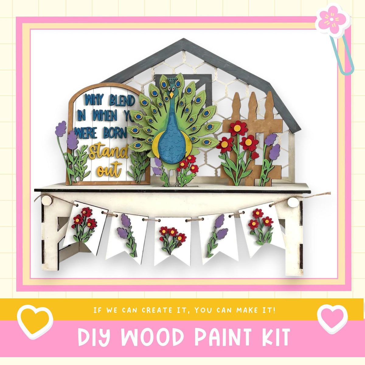 The image is a colorful and whimsical DIY wood paint kit featuring a wooden house, a peacock, and various flowers and plants. The kit appears to be made of wood and is displayed on a shelf. The text "DIY WOOD PAINT KIT" is prominently featured, along with a motivational message encouraging creativity and the ability to make one's own projects.