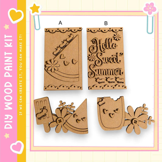 various wooden cutouts, including a heart-shaped cutout, a sign with the text "Hello Sweet Summer", and other decorative elements.
