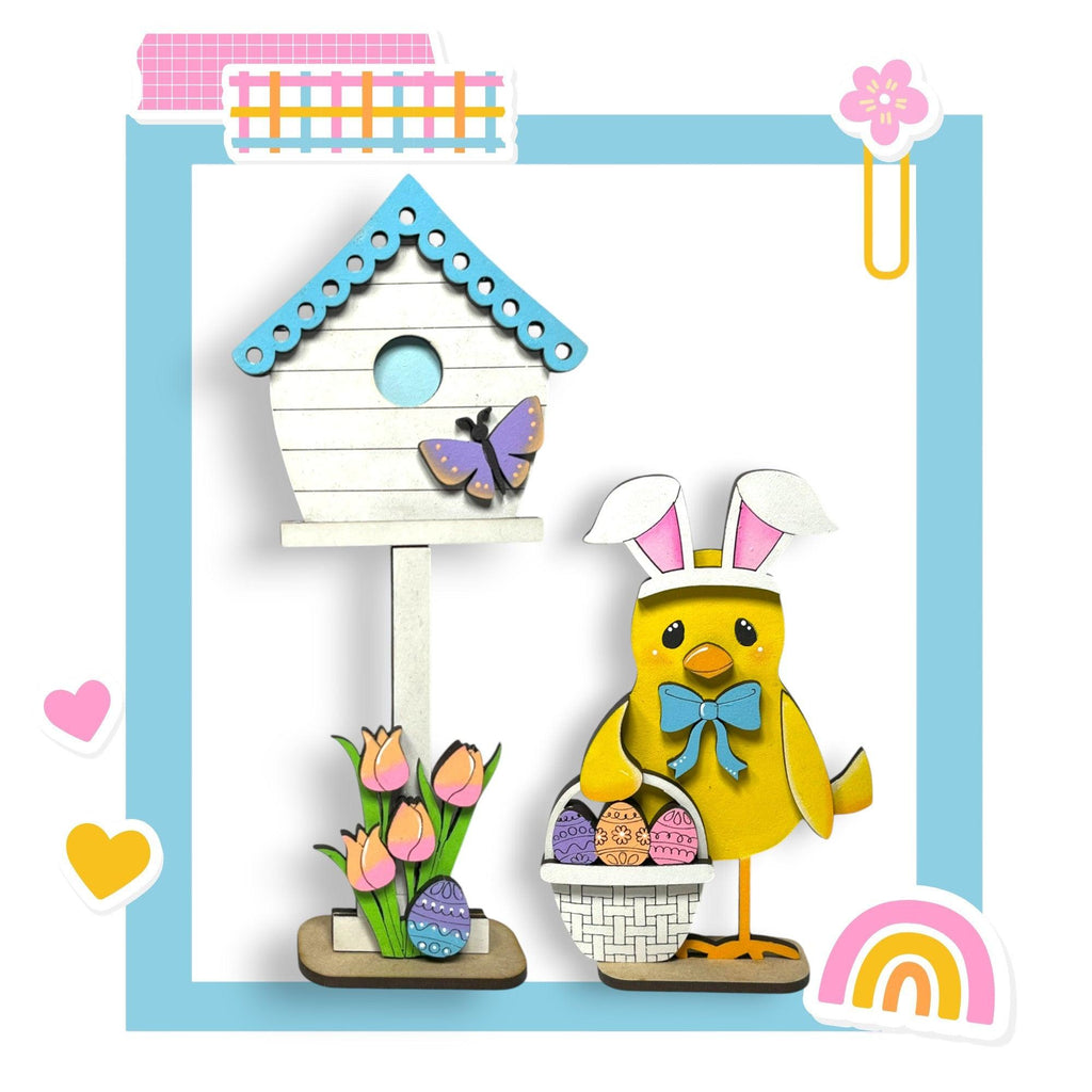 a picture of a bird and a birdhouse with flowers