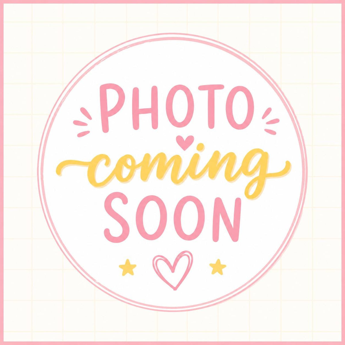 a circular graphic with the text "PHOTO coming SOON" written in a cursive font. There are also two small hearts and two stars placed around the text.
