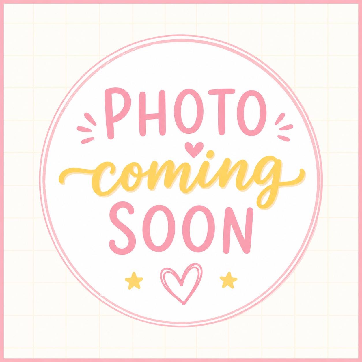 a circular graphic with the text "PHOTO coming SOON" written in a cursive font. There are also two small hearts and two stars placed around the text.