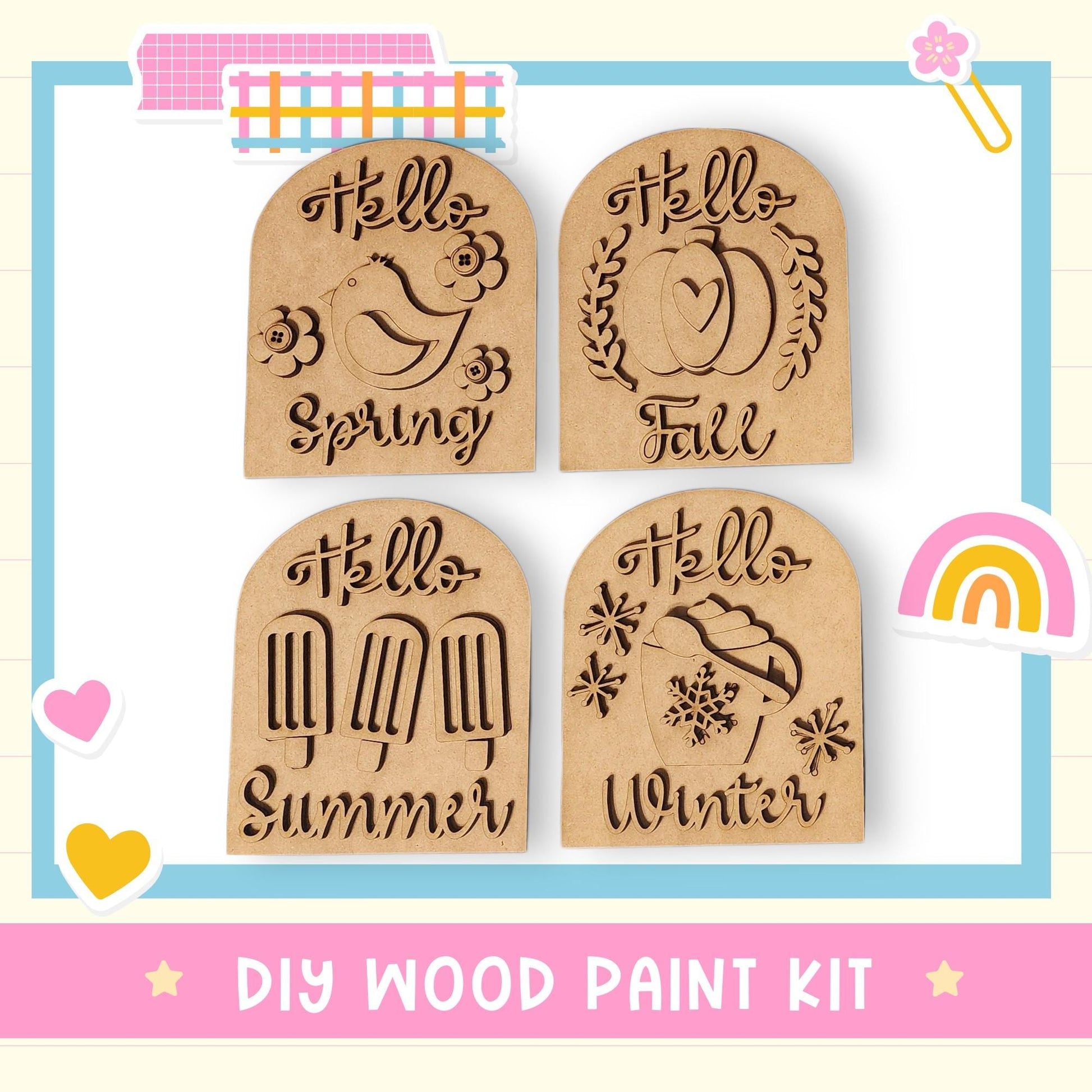four wooden paint kits labeled with the names of the seasons: "Spring", "Summer", "Autumn", and "Winter".