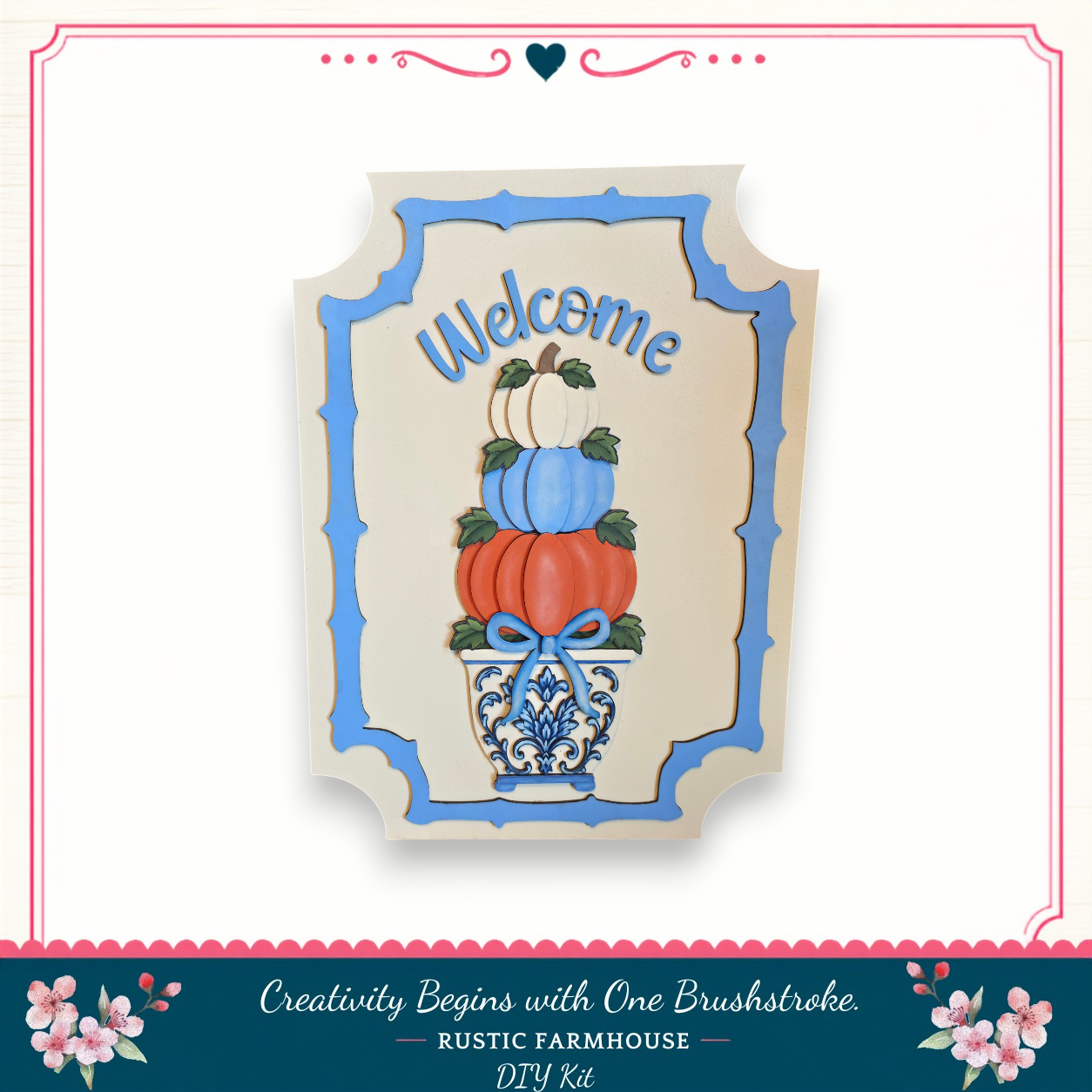 a welcome sign with a decorative design, including a vase with pumpkins and leaves, and the text "Welcome" written on it.