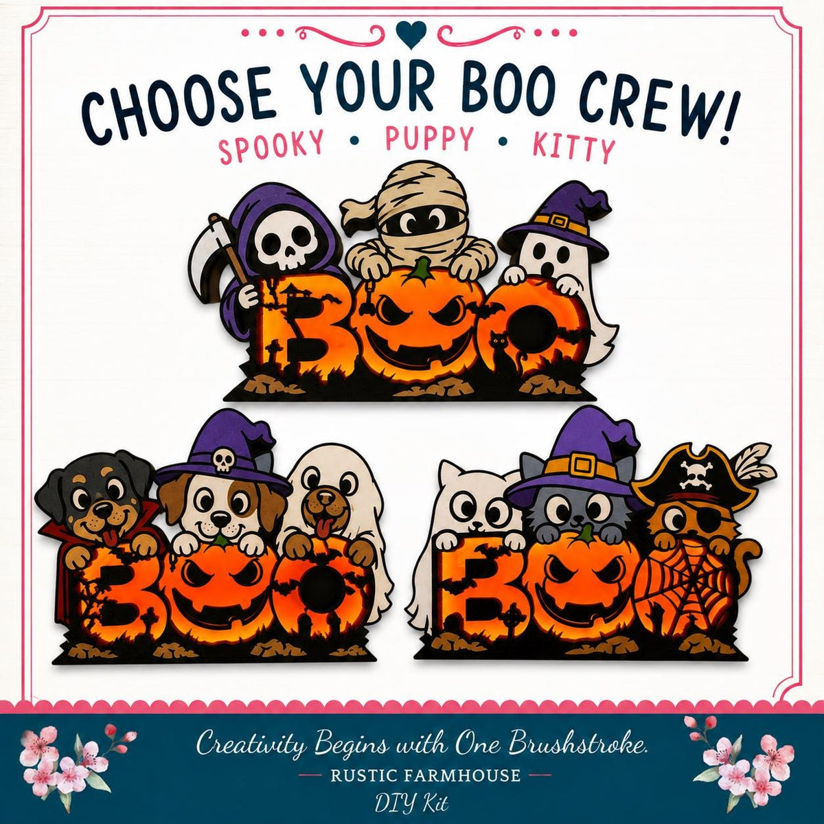The image is a Halloween-themed collage featuring various spooky and playful characters, including a skeleton, ghost, puppy, kitty, and a pirate.