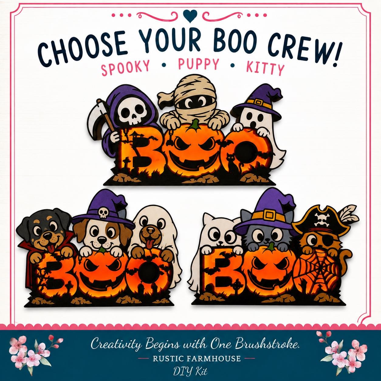 The image is a Halloween-themed collage featuring various spooky and playful characters, including a skeleton, ghost, puppy, kitty, and a pirate.