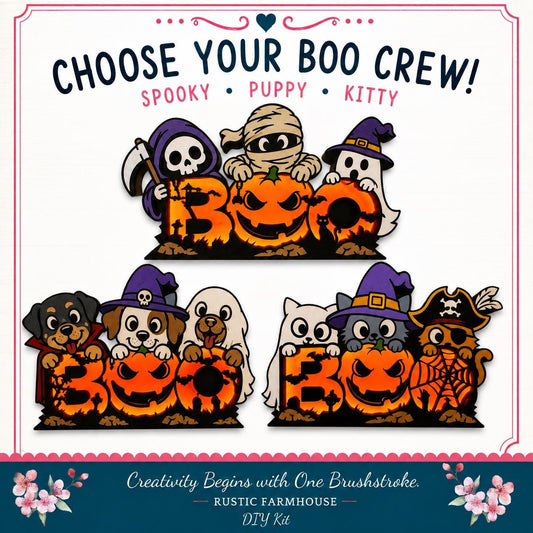 The image is a Halloween-themed collage featuring various spooky and playful characters, including a skeleton, ghost, puppy, kitty, and a pirate.