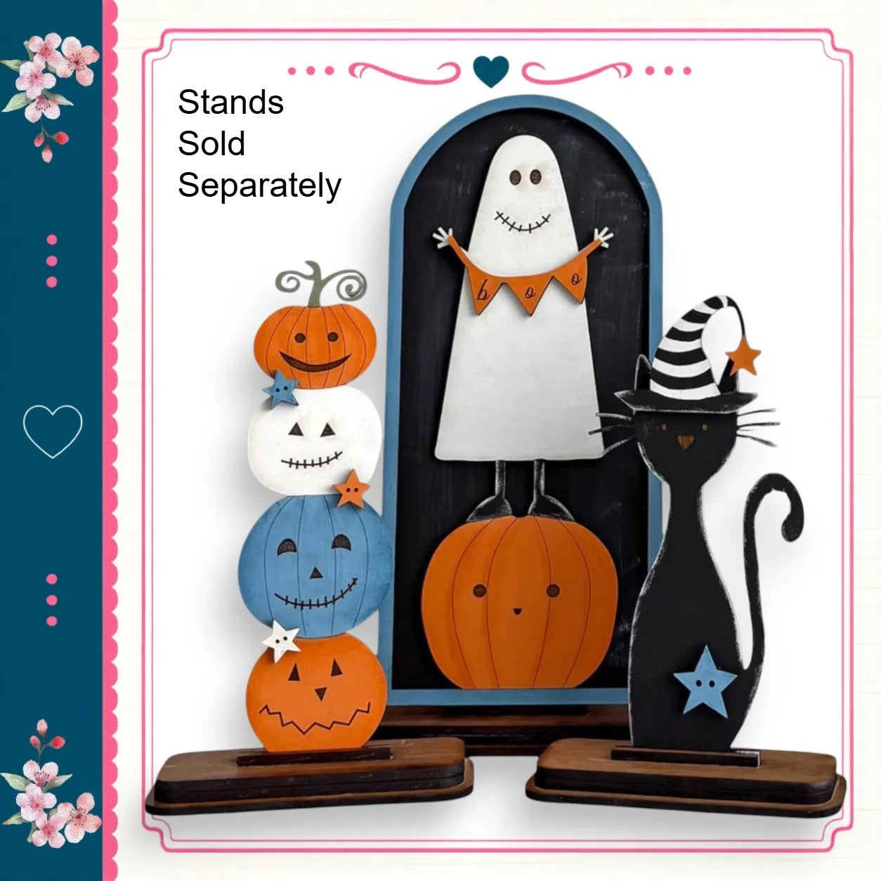 A Halloween-themed display featuring a ghost, a cat, and various carved pumpkins and a carved pumpkin.
