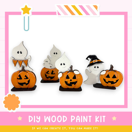 a DIY wood paint kit for creating Halloween decorations, including wooden ghost and jack-o-lantern figures.