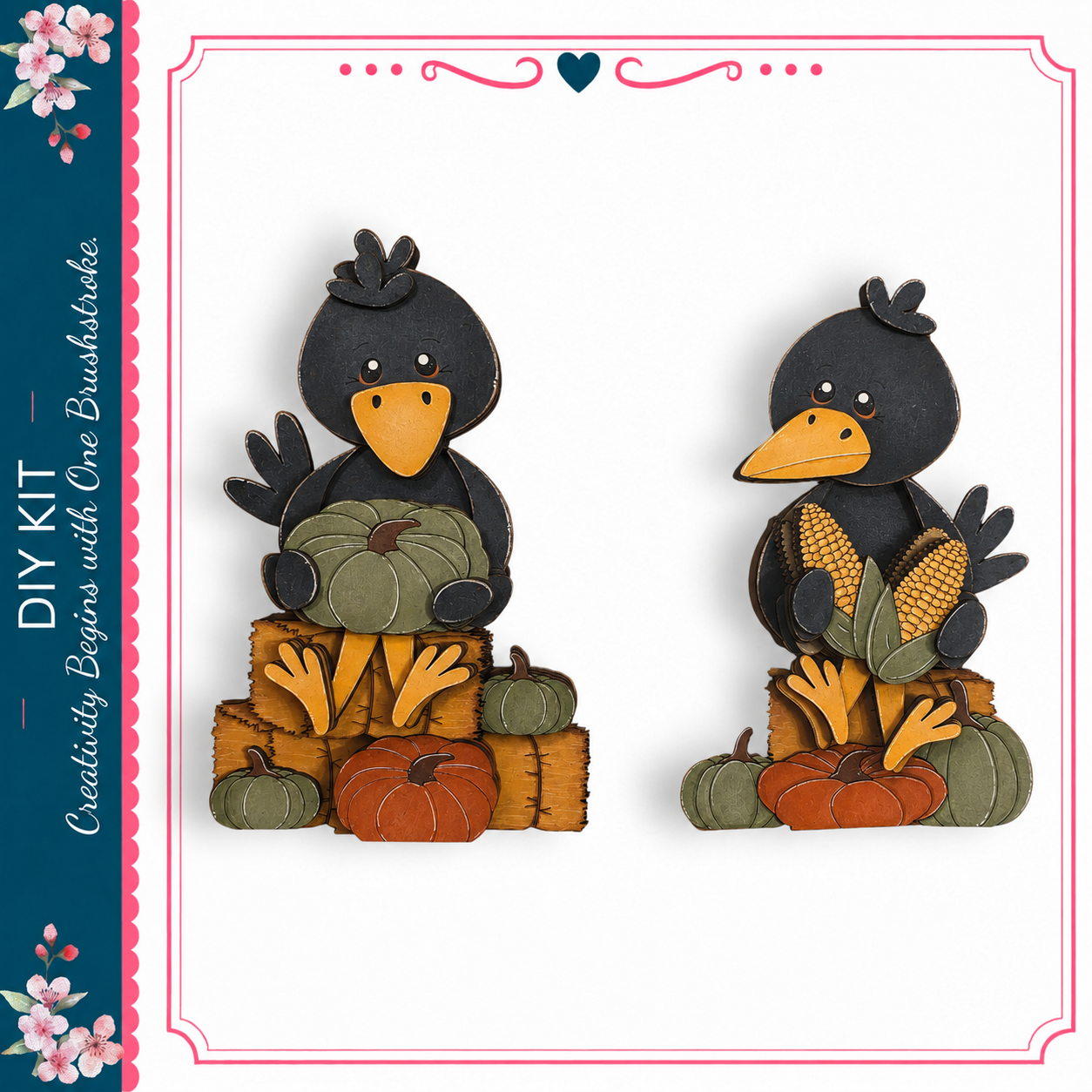 two wooden birds, one holding a pumpkin and the other holding corn, sitting on stacks of pumpkins.