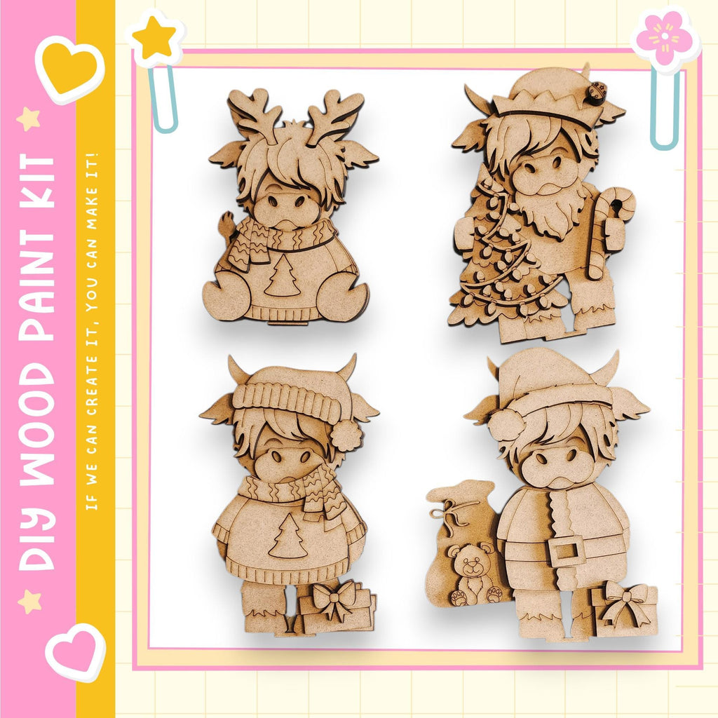four wooden cutouts of cartoon-like characters, each with unique clothing and accessories, arranged in a square layout.