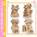 four wooden cutouts of cartoon-like characters, each with unique clothing and accessories, arranged in a square layout.