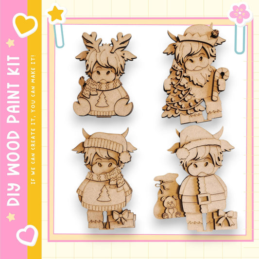 four wooden cutouts of cartoon-like characters, each with unique clothing and accessories, arranged in a square layout.