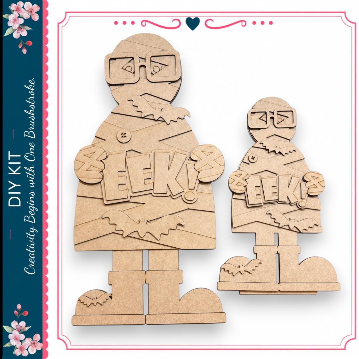 two wooden figures, one larger and one smaller, both holding a sign that says "EEEK!"