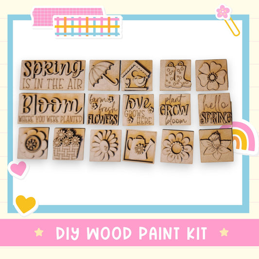 a group of wooden stamps with words on them