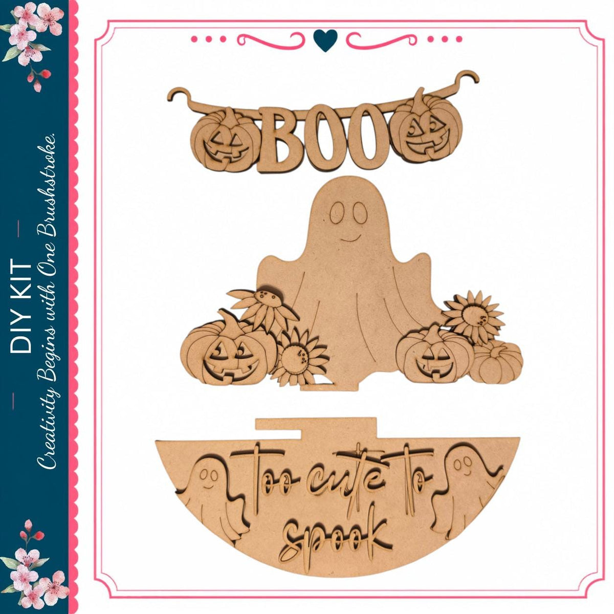 a Halloween-themed wooden decoration, including a carved pumpkin, a carved ghost, and a carved pumpkin with a carved face. The decoration has the word "BOO" written on it, and the phrase "Toe to speak" is also carved into it.