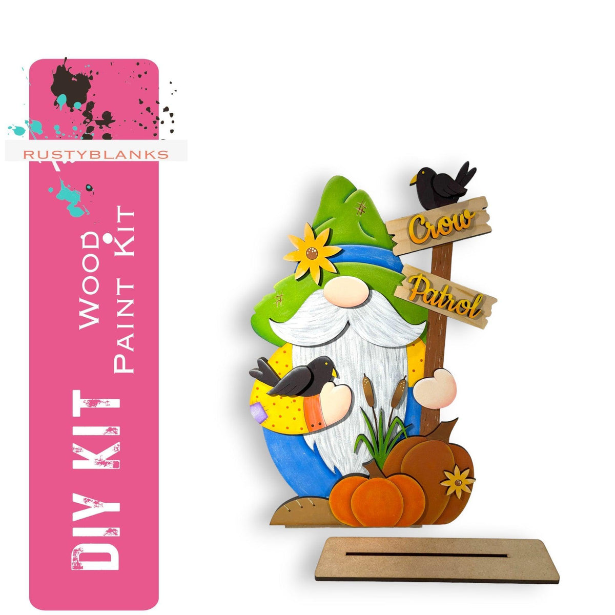a wooden sign with a gnome holding a pumpkin