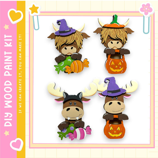 four cartoon animal characters, including a cow, a moose, a deer, and a bear, each wearing a unique Halloween-themed hat and carrying a pumpkin.