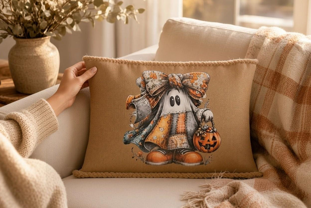 A hand is holding a pillow with a Halloween-themed design featuring a ghost character.