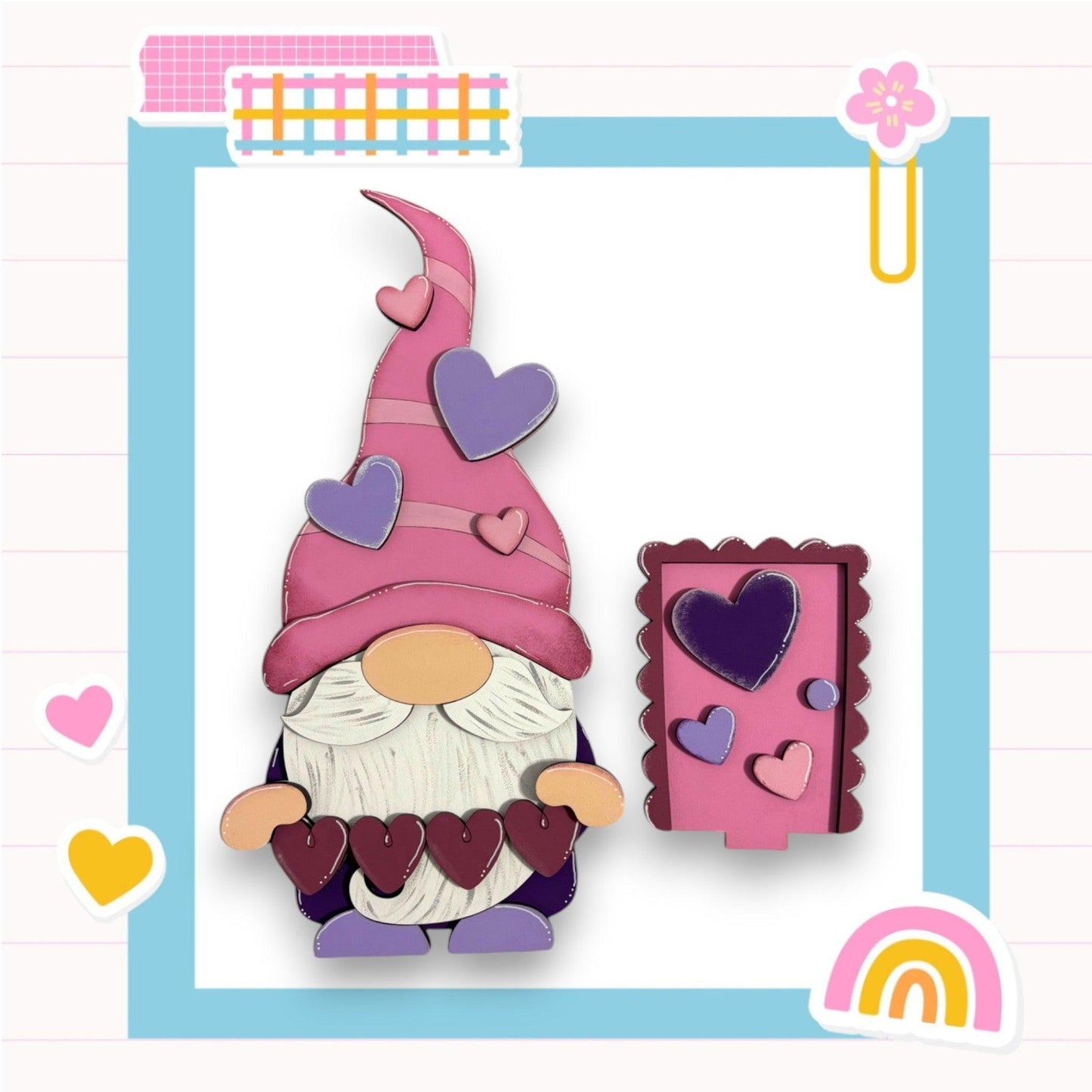 a picture of a gnome with hearts and a picture frame