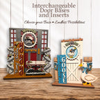 two decorative door bases and inserts, one with a goose and the other with a Christmas tree, both with various holiday-themed designs and decorations.