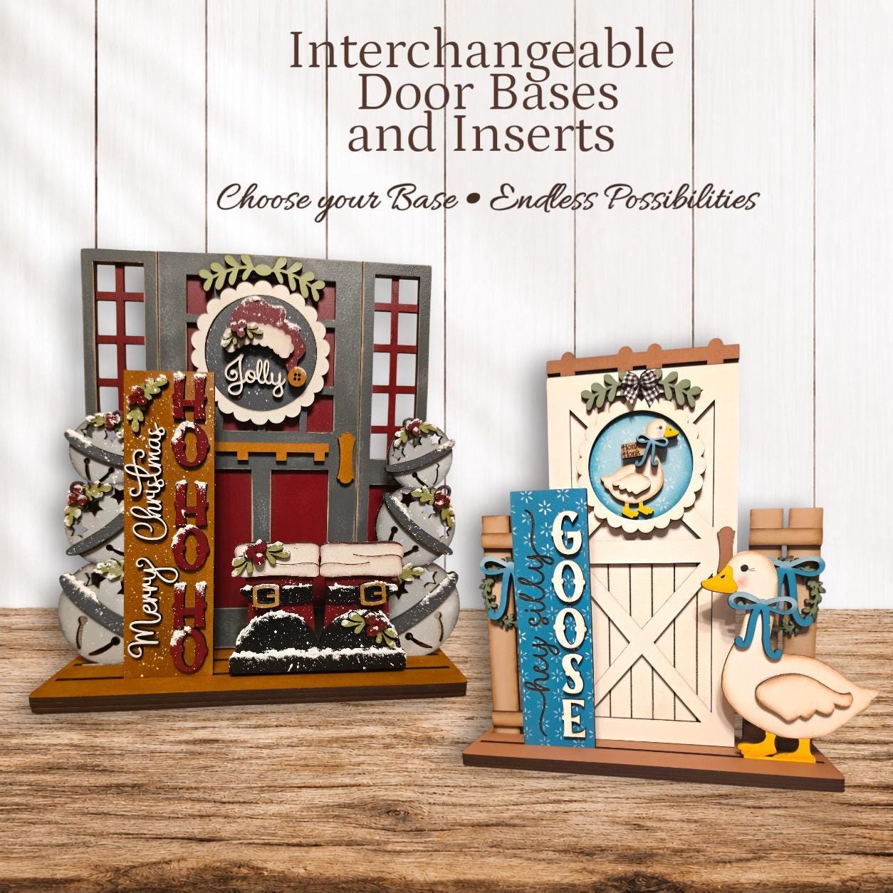 two decorative door bases and inserts, one with a goose and the other with a Christmas tree, both with various holiday-themed designs and decorations.