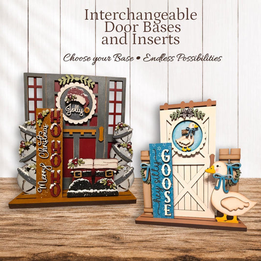two decorative door bases and inserts, one with a goose and the other with a Christmas tree, both with various holiday-themed designs and decorations.