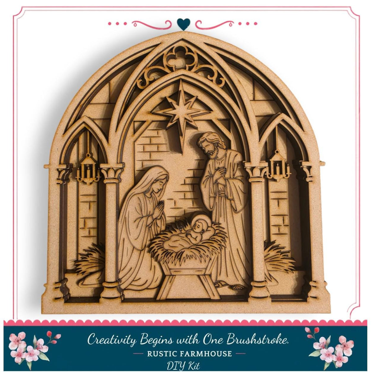 A wooden nativity scene depicting the birth of Jesus Christ, with figures of Mary, Joseph, and baby Jesus in a manger.