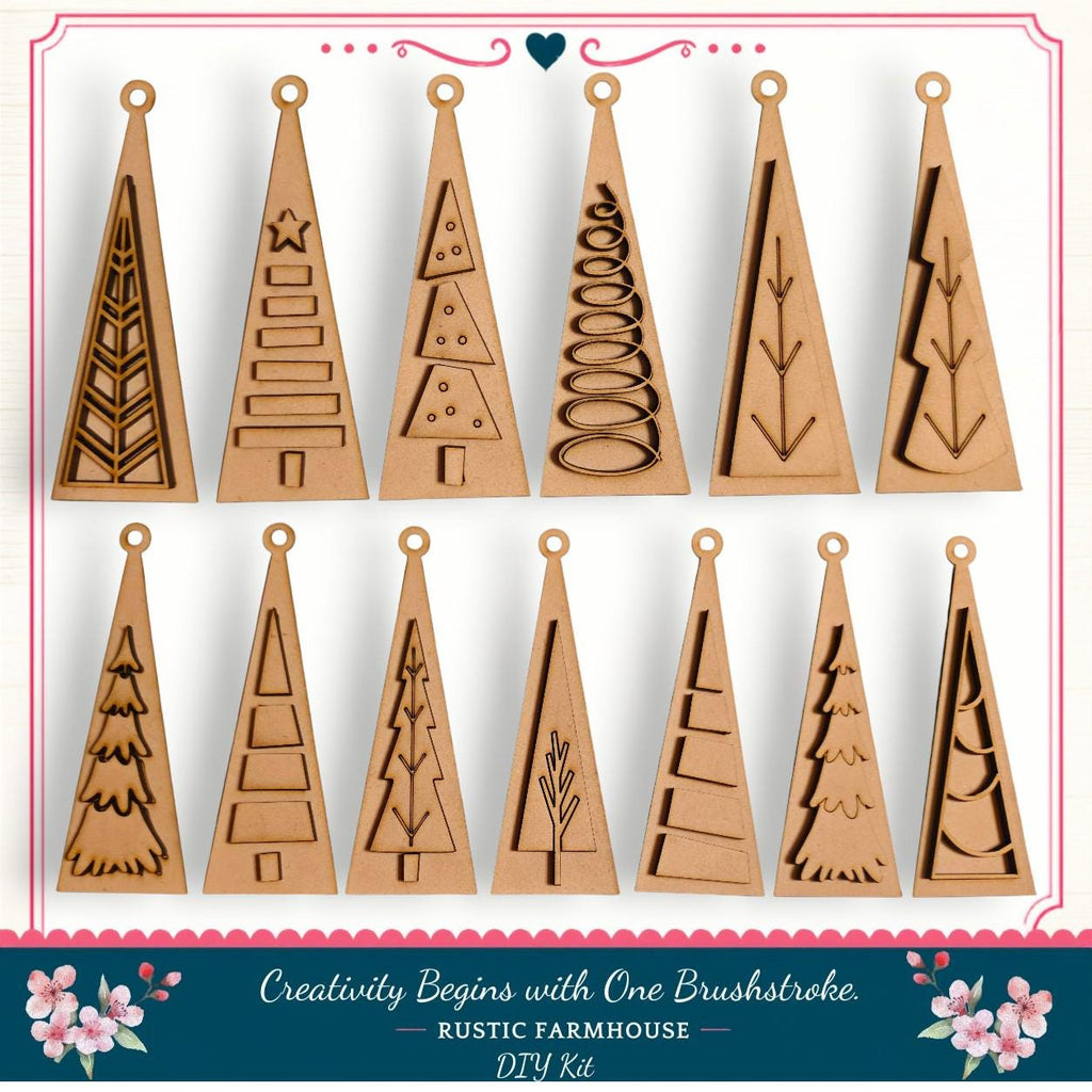 a collection of 12 wooden ornaments in various shapes and designs, including trees, stars, and other festive elements, arranged in a grid pattern.