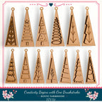 a collection of 12 wooden ornaments in various shapes and designs, including trees, stars, and other festive elements, arranged in a grid pattern.