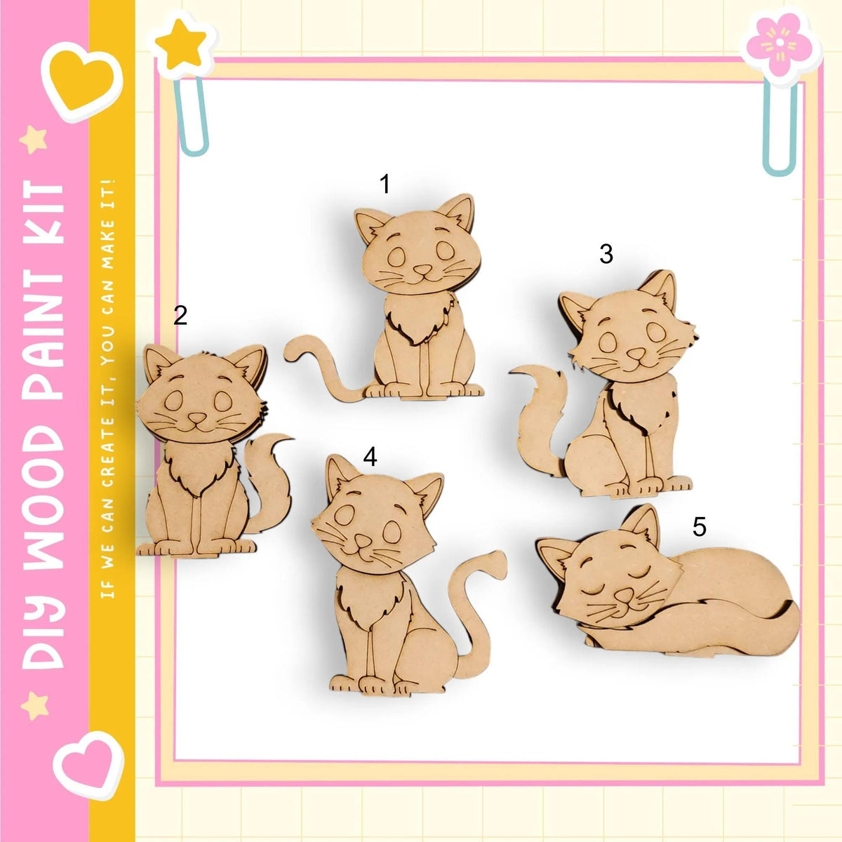 a collection of five wooden cat figurines, each with a unique pose, arranged in a row against a white background.