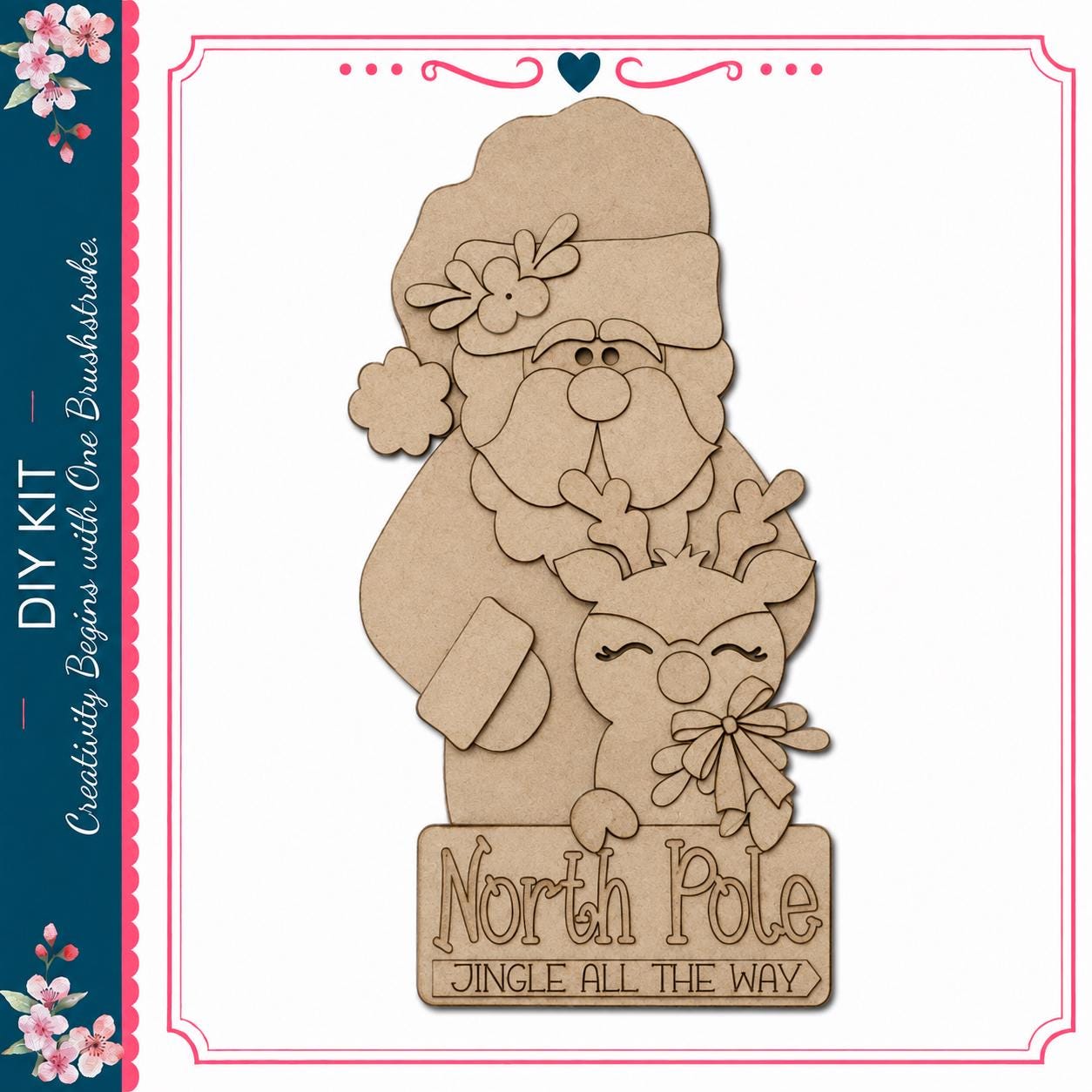 A wooden cutout of Santa Claus and a reindeer, with the text "North Pole Jingle All the Way" below them.
