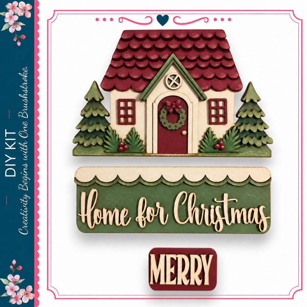 a festive scene with a small wooden house, a wreath, and a sign that says "Home for Christmas" and "MERRY".