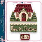 a festive scene with a small wooden house, a wreath, and a sign that says "Home for Christmas" and "MERRY".