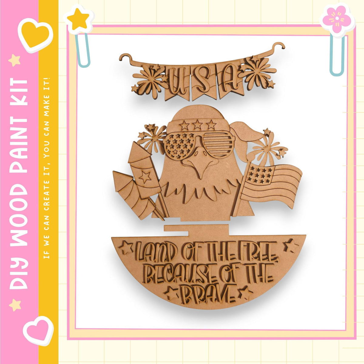 The image is a wooden craft kit featuring a patriotic design with a banner, a flag, and a bird. The kit appears to be made of wood and is decorated with stars and other patriotic symbols.
