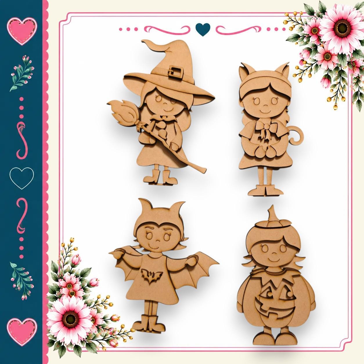 four wooden cutouts of children dressed in costumes, including a witch, a cat, a bat, and a pumpkin.