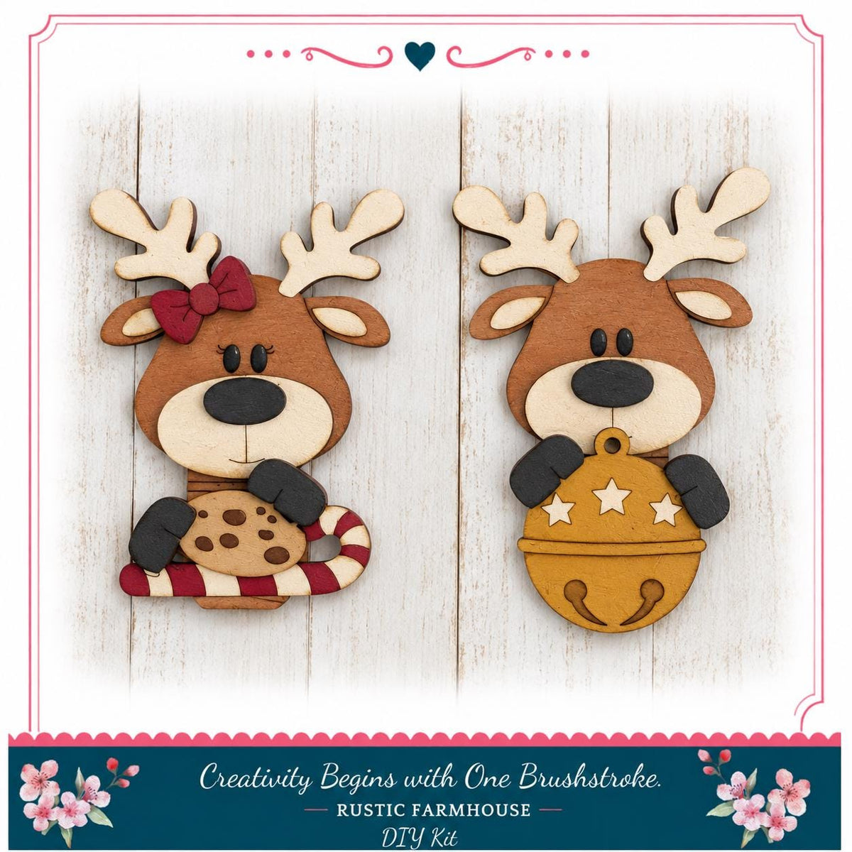 two wooden reindeer or antlers, each holding a different ornament, against a white wooden background.