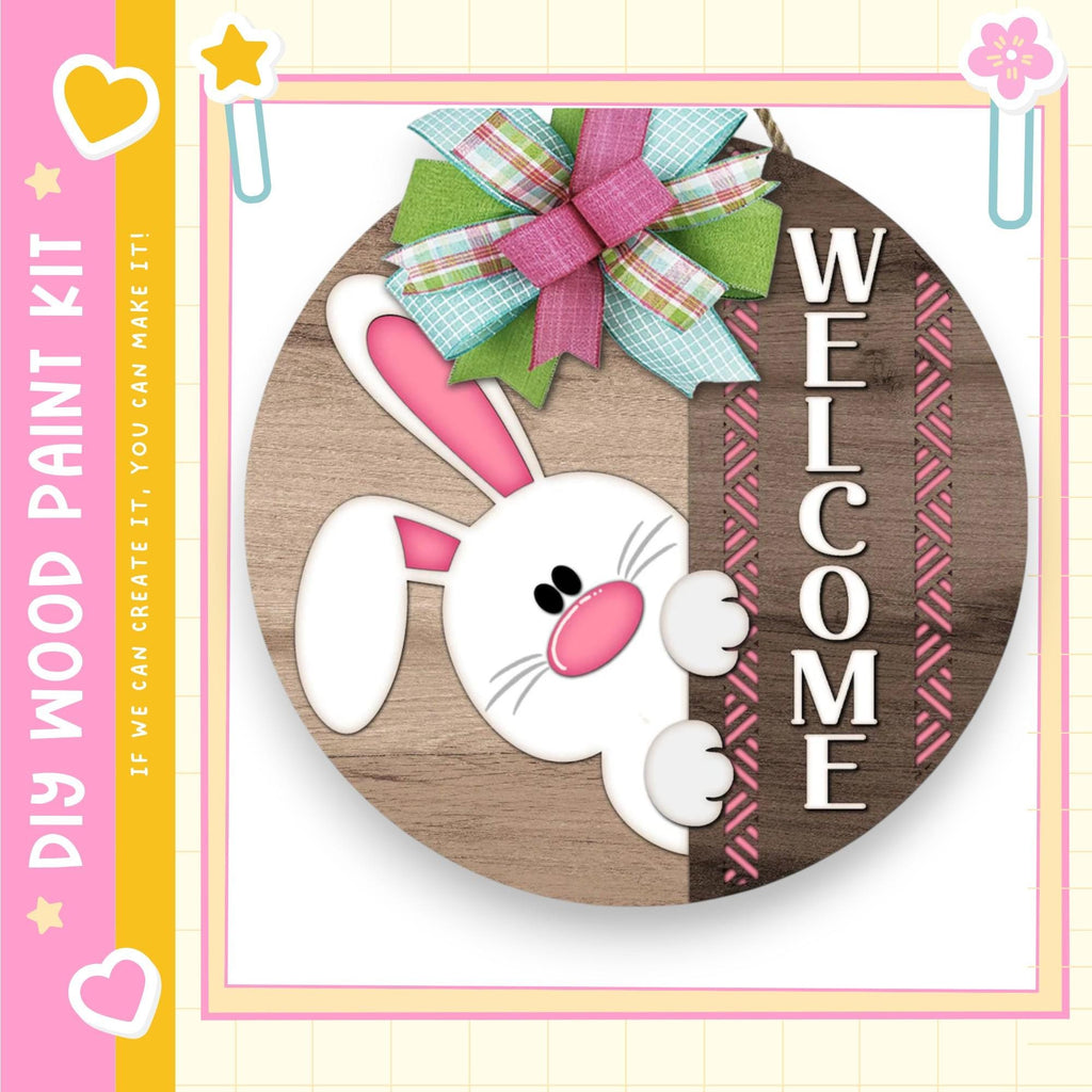 a wooden sign with a cartoon rabbit and the word "WELCOME" written on it.